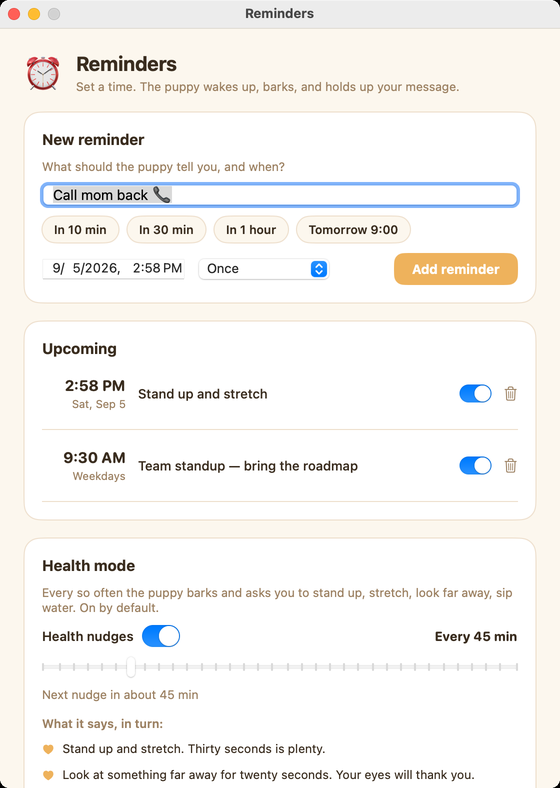 The Reminders window: a message field, quick chips In 10 min / In 30 min / In 1 hour / Tomorrow 9:00, date and repeat pickers, and an Upcoming list